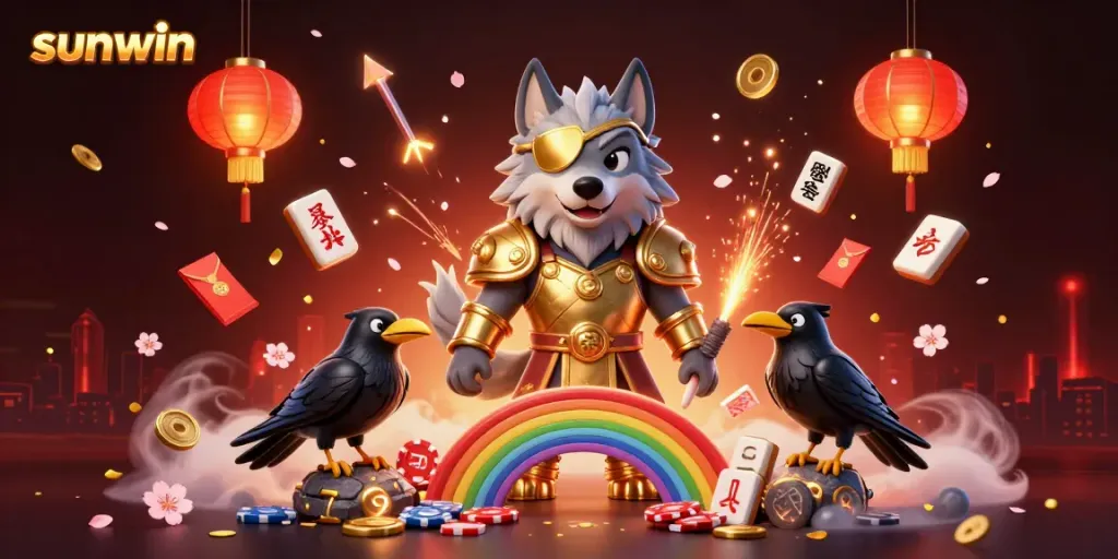 Engage with sunwin's vibrant 3D illustration featuring mystical characters and casino elements celebrating online gaming.