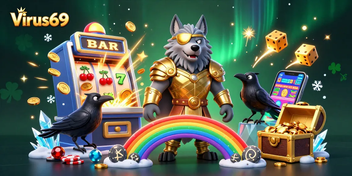 Experience thrilling gameplay at Virus69 with vibrant casino elements and characters amidst a spectacular backdrop.