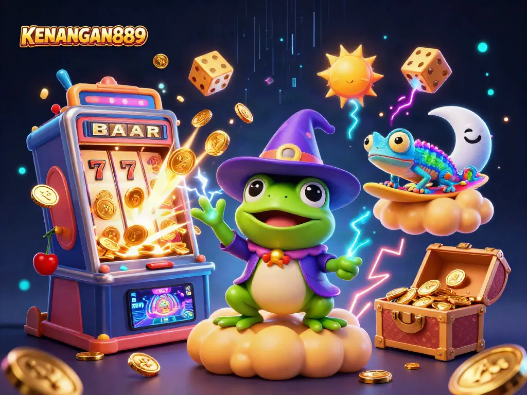 Experience the excitement of KENANGAN889 with a vibrant, gold coin storm and captivating casino elements.