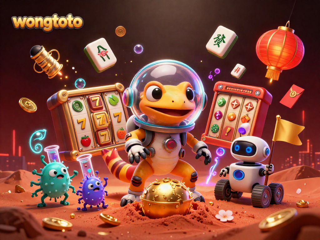 Experience the thrill of wongtoto with a Martian gecko and vibrant casino symbols in space.