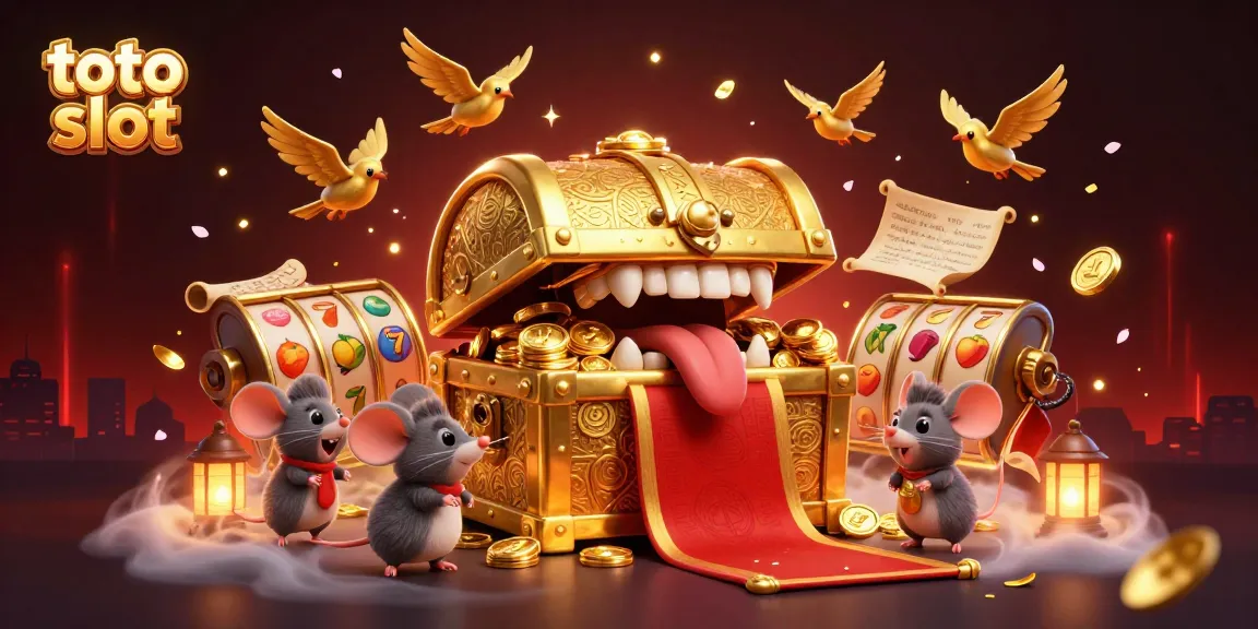 Putar toto slot dengan karakter peti harta karun menarik dan simbol slot, dikelilingi koin emas dan efek pertunjukan.