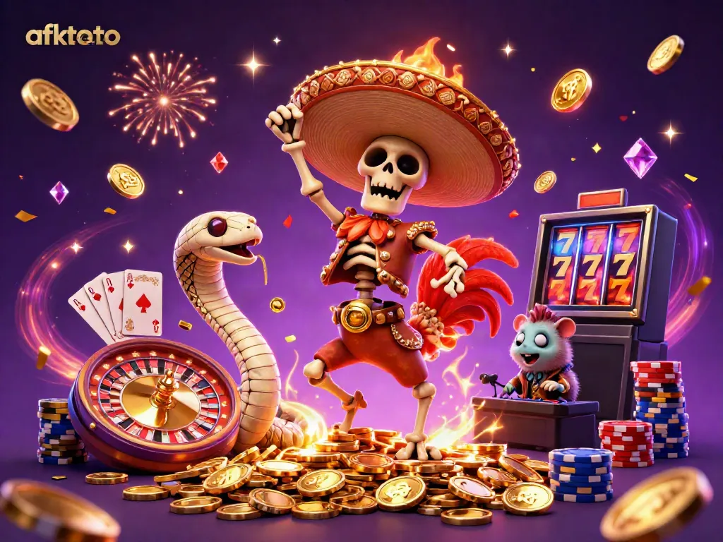 Merayakan kemenangan dengan afktoto, karakter 3D kartun seperti skeleton mariachi, ular mummy, dan hamster zombie di tumpukan koin emas.