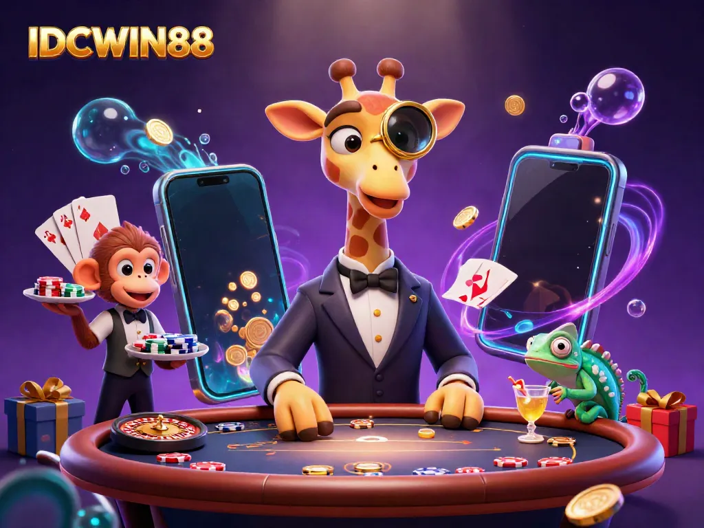 Experience the excitement of IDCWIN88 with a high-roller giraffe, monkey valet, and chameleon bartender in this vibrant casino scene.