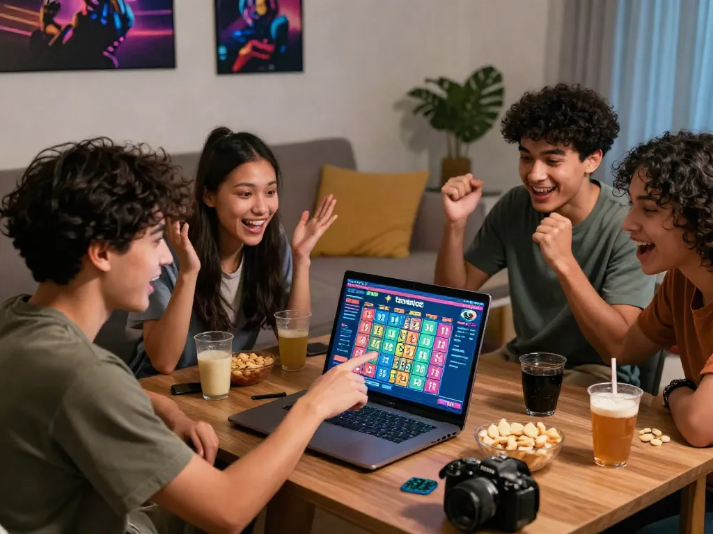 Excited friends engaged in Seributoto online lottery game with laptop in cozy living room