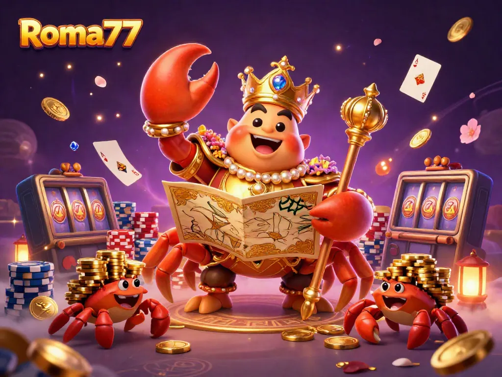 Experience Roma77 with a golden crab emperor and dynamic casino elements in this vibrant illustration.