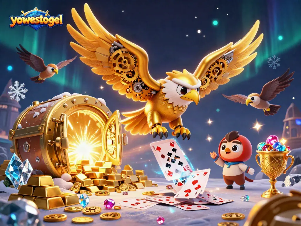 Experience the excitement of yowestogel with a golden eagle diving through playing cards.