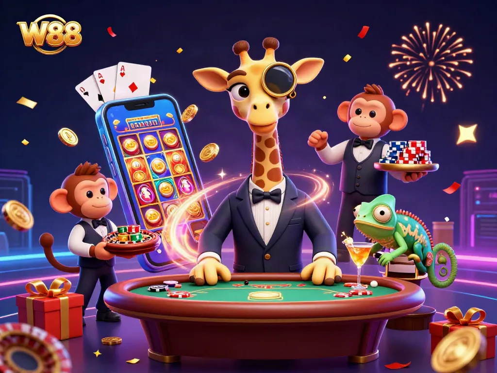 W88 showcases a vibrant casino scene with a high-roller giraffe at a poker table, engaging players.