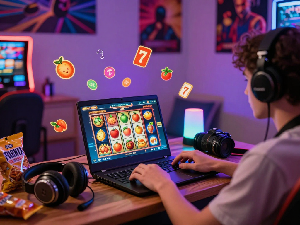 Menikmati permainan slot server thailand dengan antusias di rumah, dikelilingi suasana kasino virtual yang cerah.
