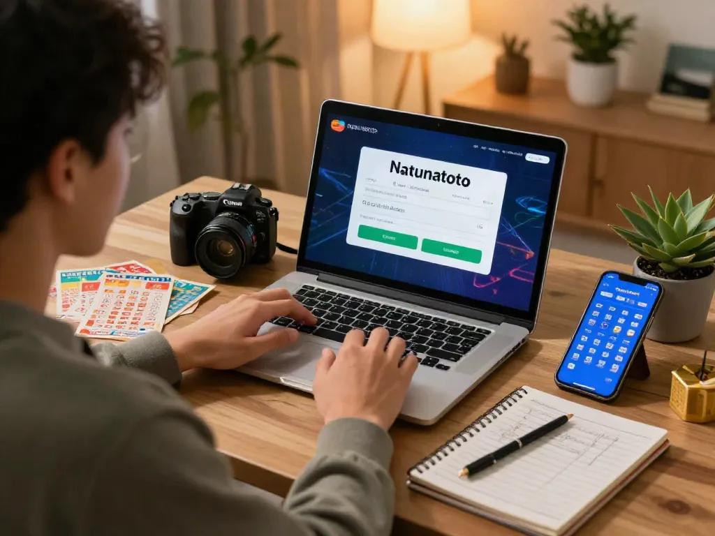 NATUNATOTO login di laptop dengan tiket lotere berwarna-warni di sekitar, menciptakan suasana taruhan yang ceria dan nyaman.