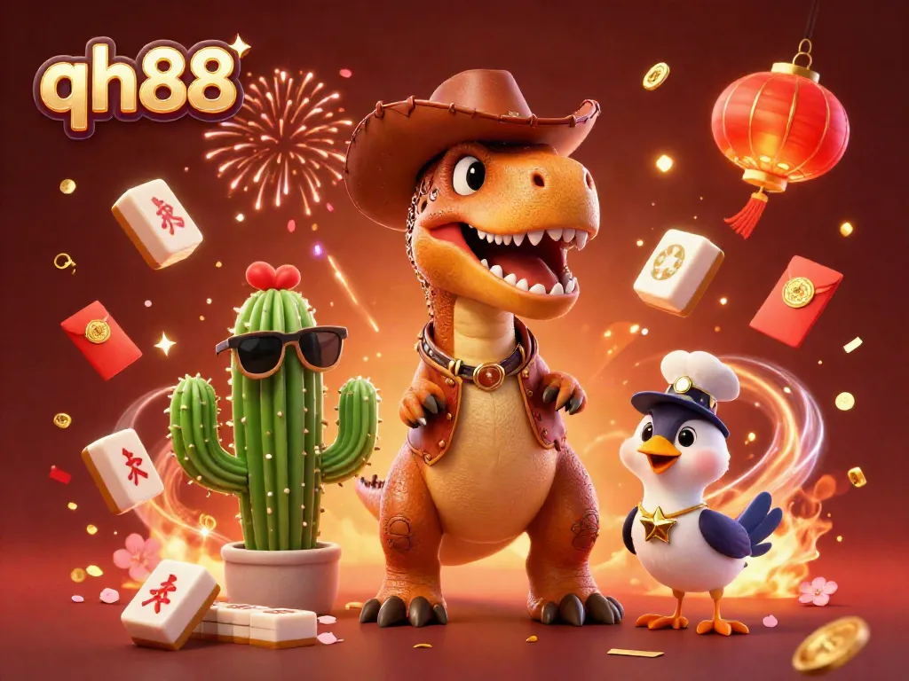 Engage with qh88 in this vibrant casino world featuring a T-Rex cowboy and companions celebrating!