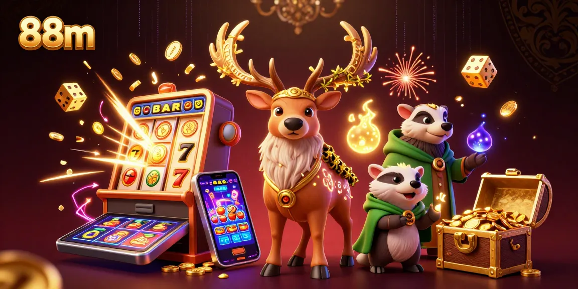 Experience thrilling wins at 88m with a vibrant 3D illustration showcasing gaming excitement.