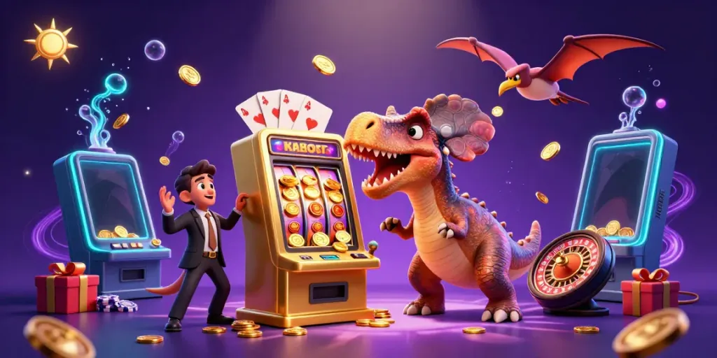 Witness the sun-themed pachycephalosaurus triumph with jackpot coins in this vibrant casino scene.