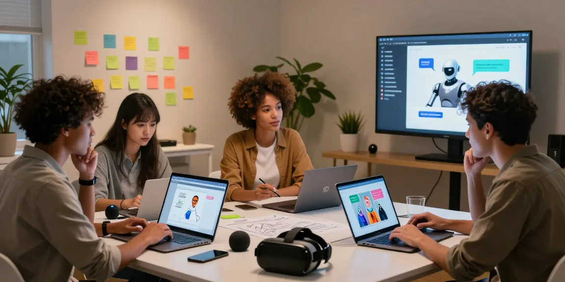 Users immersed in ai nsfw interactions on modern devices in a vibrant co-working space