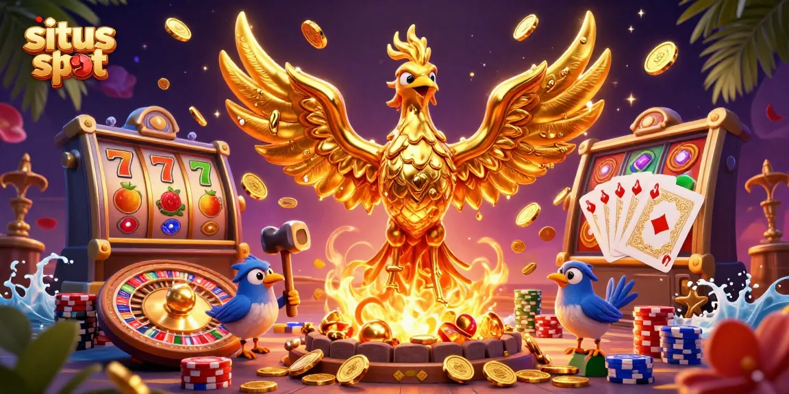 Experience situs slot action with a molten phoenix and vibrant casino elements in this dynamic 3D illustration.
