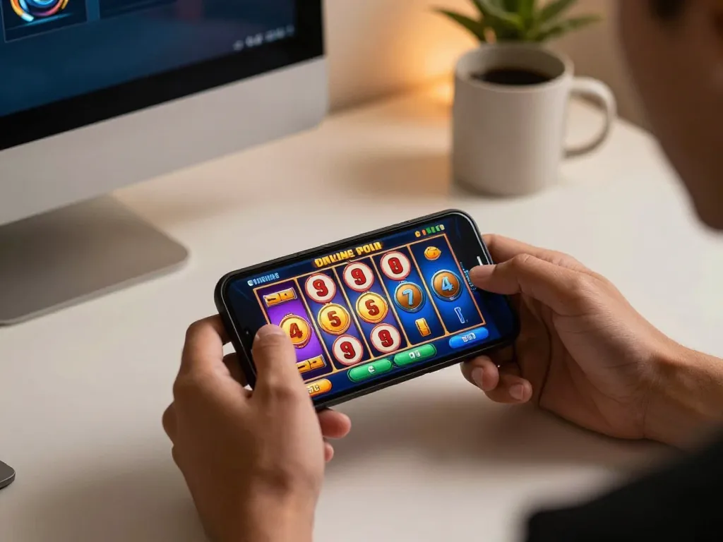 Klaim bonus anggota baru INDOSLOT91 sambil bermain slot seluler di perangkat yang stylish.