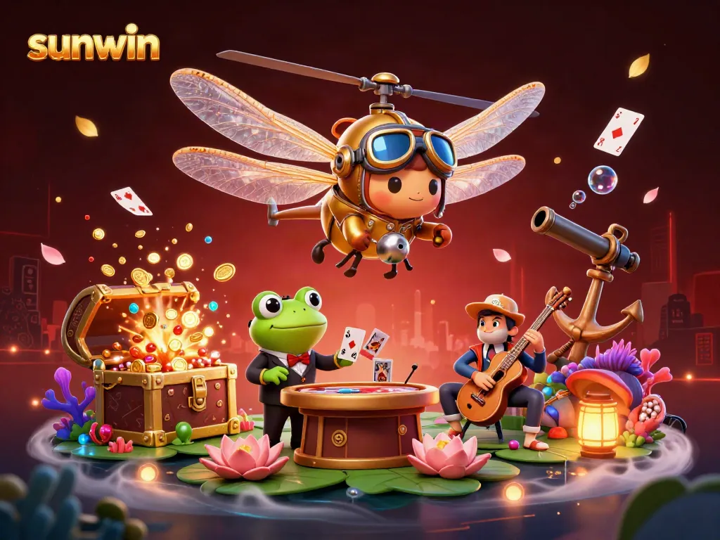 Experience sunwin's vibrant gaming atmosphere with a dragonfly pilot and frog dealer in a lively casino scene.