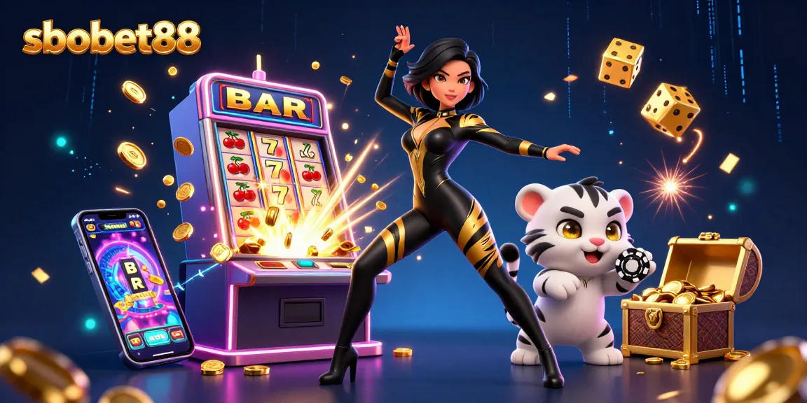 Win big with sbobet88 as a glamorous woman acrobatically plays amidst a jackpot explosion.