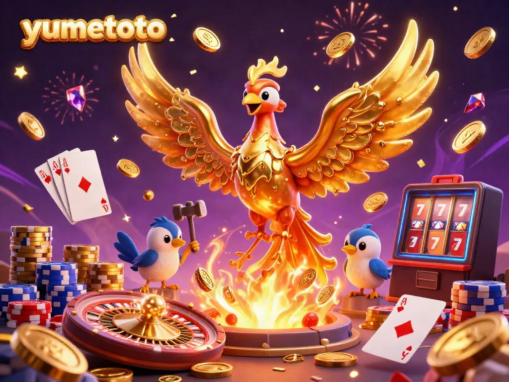 Experience the thrill of yumetoto with a molten metal phoenix and vibrant casino elements, capturing excitement and luck.