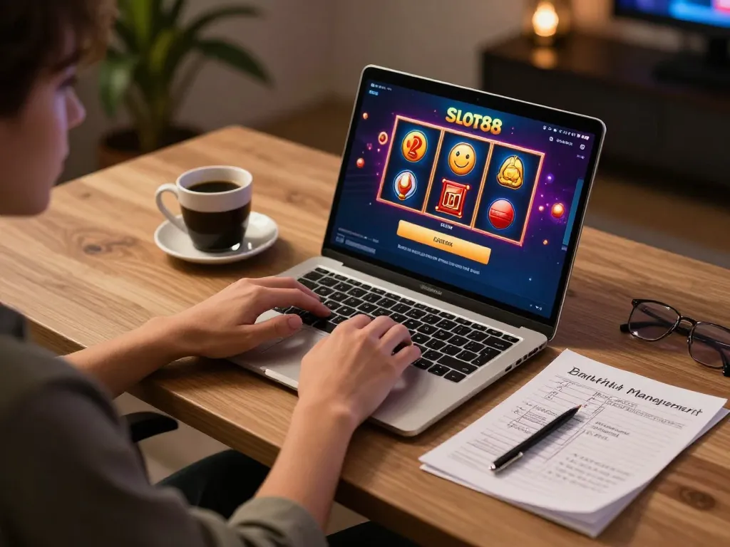 A dynamic online gambling scene with a player engaging in slot88 login at home, reflecting vibrant slot game graphics.