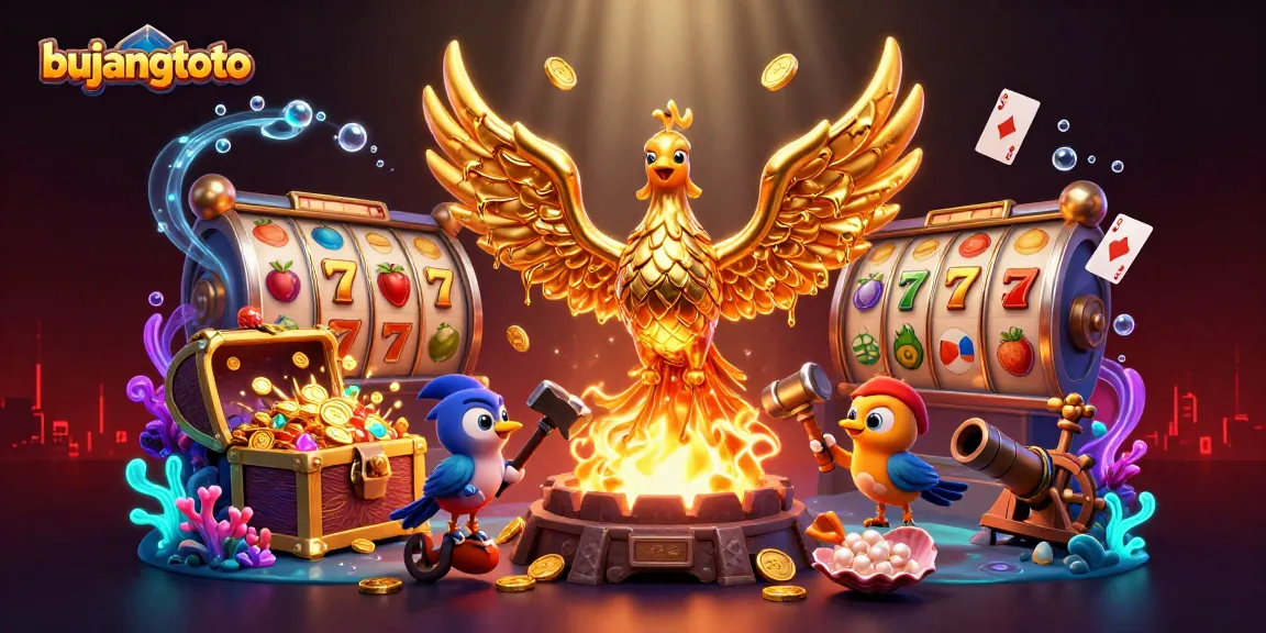 Bujangtoto menghadirkan phoenix emas yang memercik koin dan slot mesin penuh simbol kemenangan.