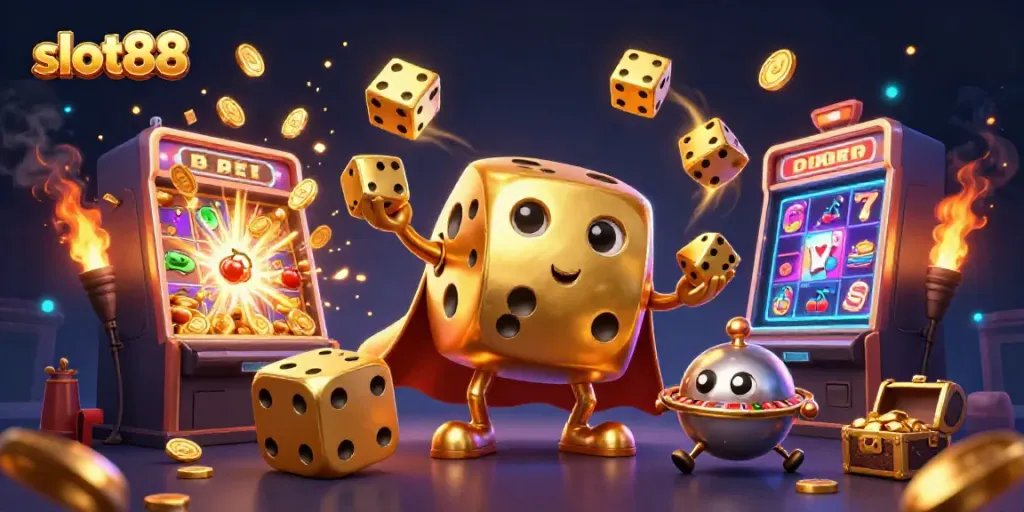 Rasakan keseruan bermain slot88 dengan ilustrasi kartun 3D mewah yang menampilkan dadu emas dan mesin slot bertema casino.