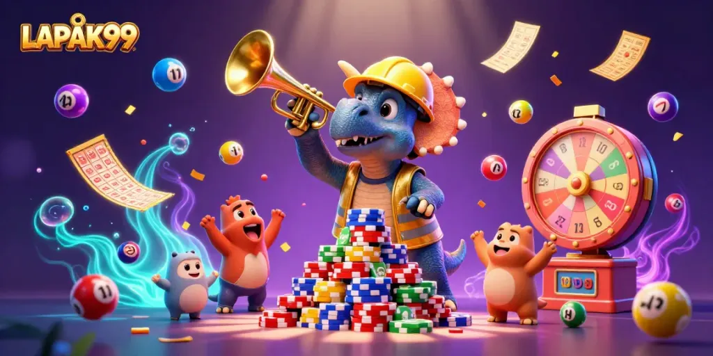 LAPAK99 enhances gameplay with colorful lottery elements, featuring a cheerful triceratops and friends.