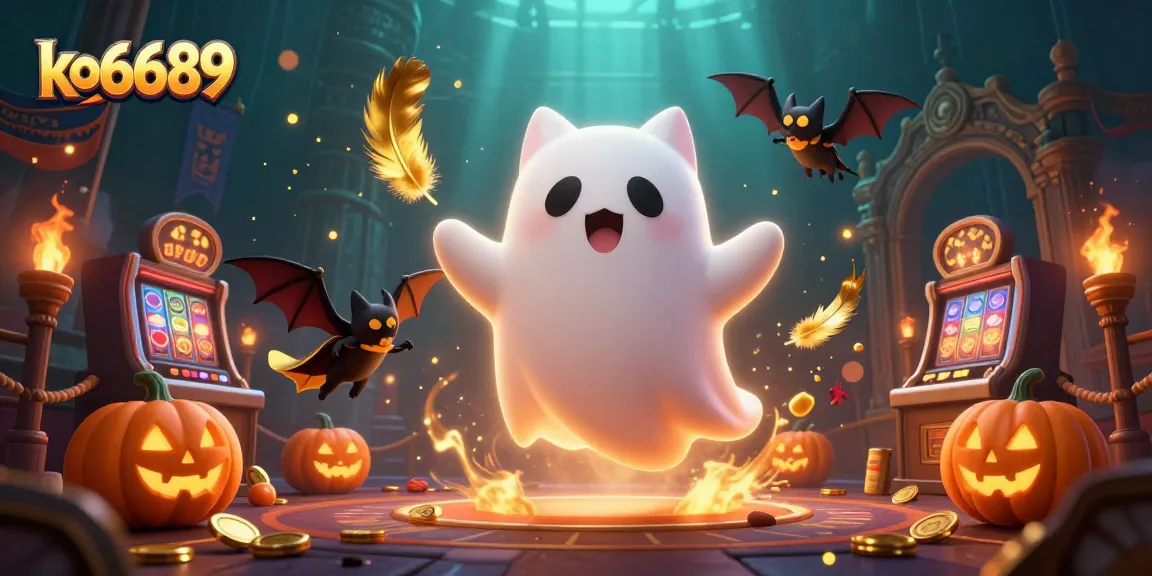 Play exciting games at ko6689 as the ghost cat navigates through a vibrant haunted casino.