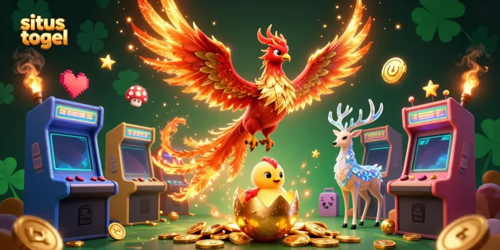 Experience situs togel with this dynamic illustration featuring phoenix and mystical stag surrounded by gaming elements.