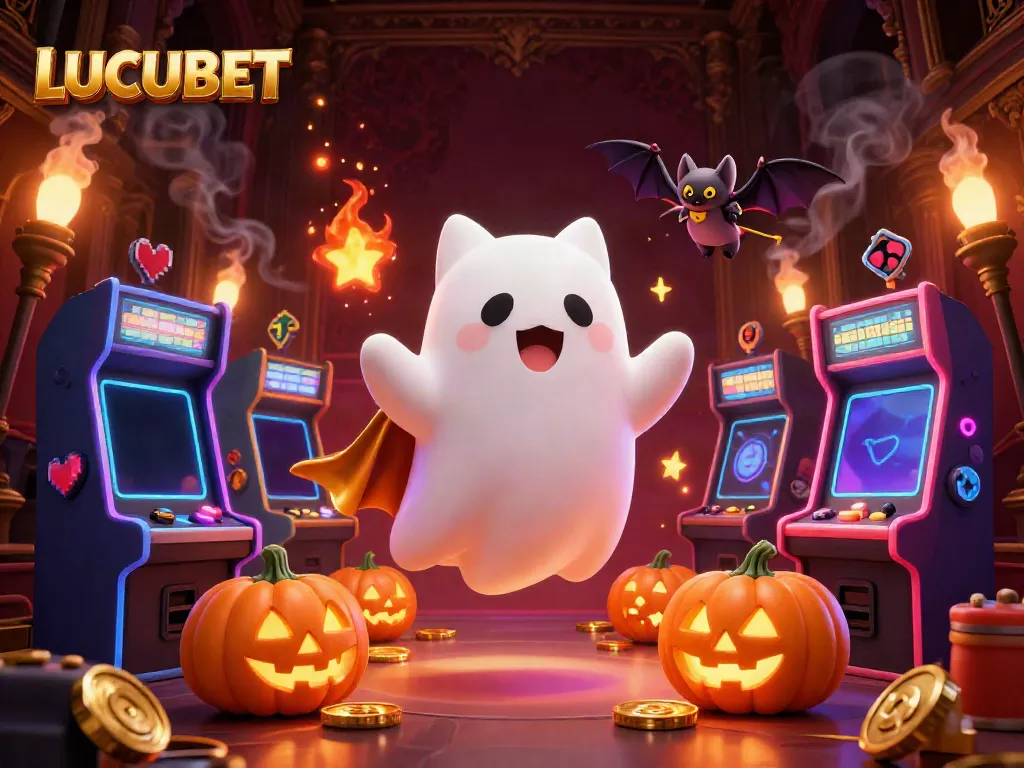 LUCUBET ghost cat and vampire bat animated in a vibrant casino mansion environment.