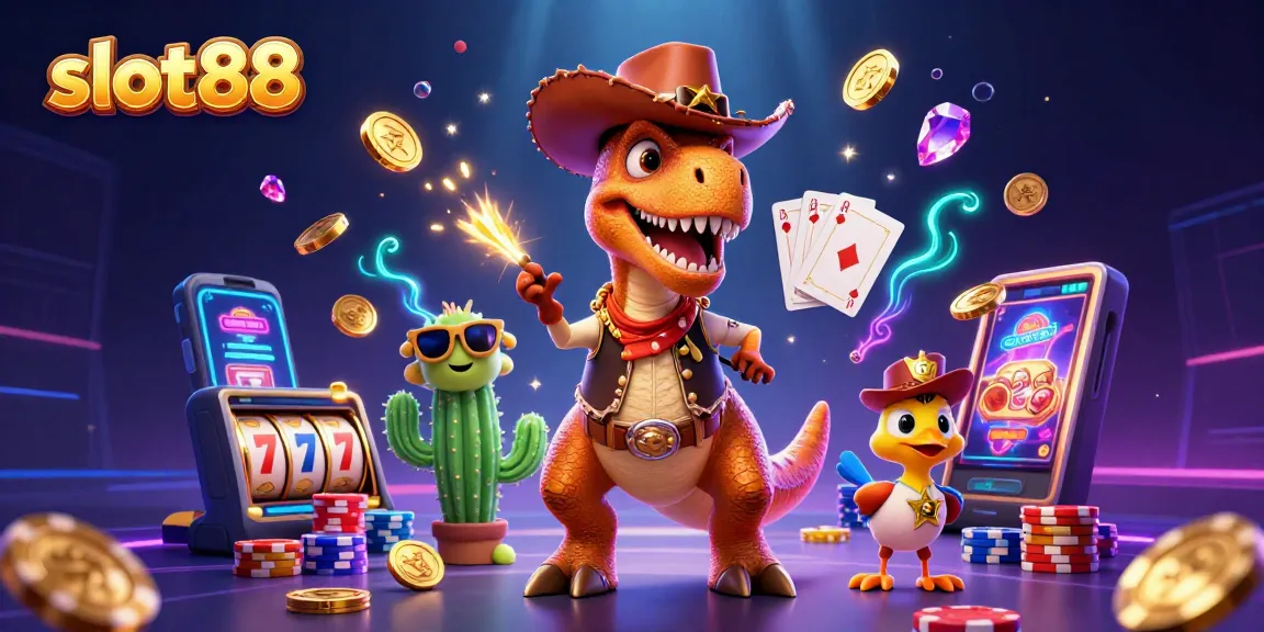 Experience thrilling spins in slot88 with a cowboy dinosaur and vibrant casino elements.