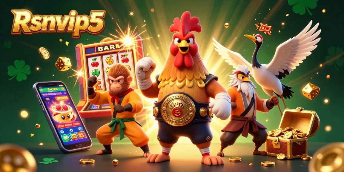 Rasakan kemenangan menarik dengan Rsnvip5 dalam ilustrasi 3D yang cerah menampilkan ayam jantan, monyet, dan bangau.