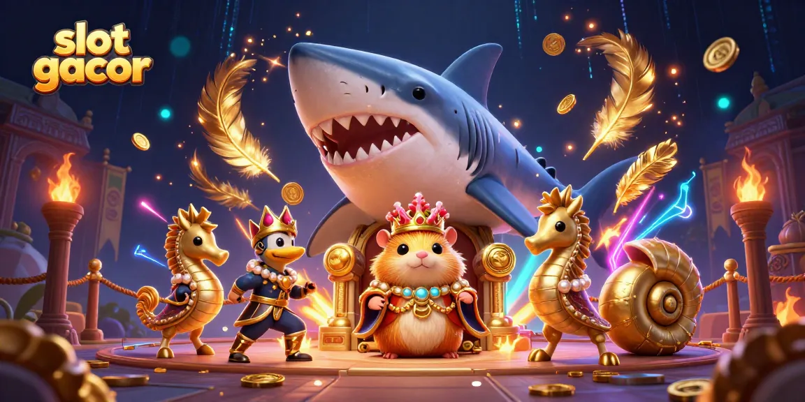 Raih keberuntungan dengan slot gacor yang menampilkan raja hamster emas di atas kursi gigi hiu