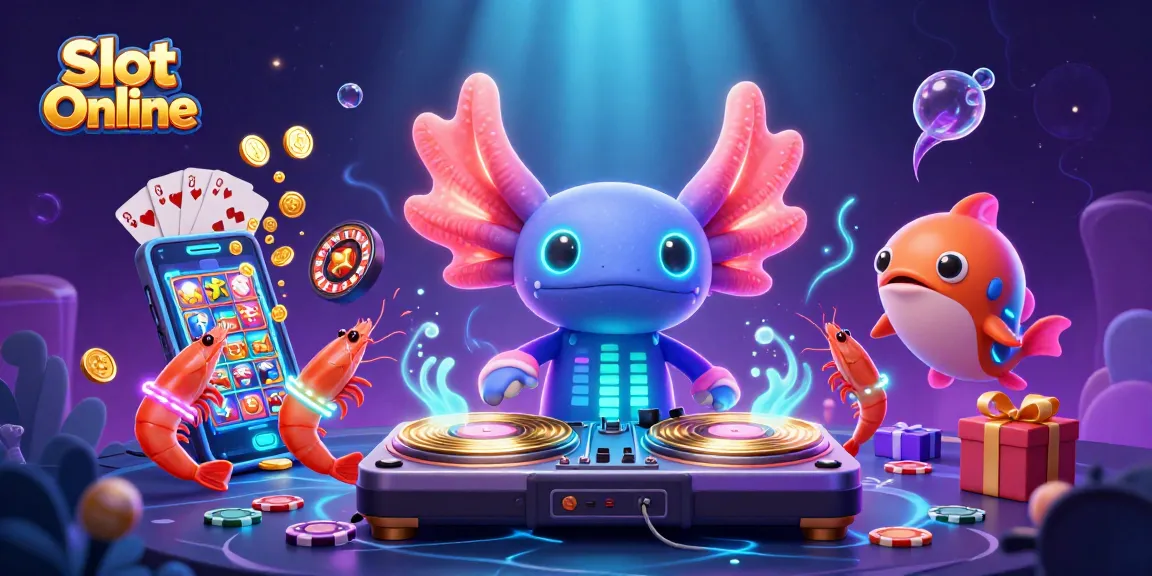 Experience Slot Online excitement with a neon axolotl DJ and vibrant underwater casino elements.