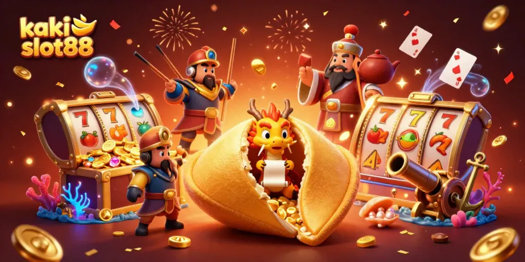 Gambarkan kaki slot88 dengan kue keberuntungan raksasa dan drago cerdas serta simbol slot yang berkilauan.