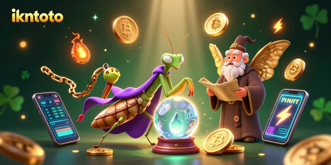 Engage with ikntoto’s enchanting universe, showcasing a prayer mantis fortune teller revealing crypto fortunes amidst vibrant casino elements.