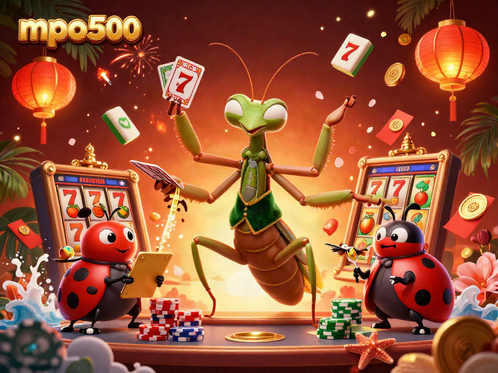Visualisasi menarik mpo500 menunjukkan raja kartu mantis, bos capung, dan simbol kemenangan dengan elemen kasino.