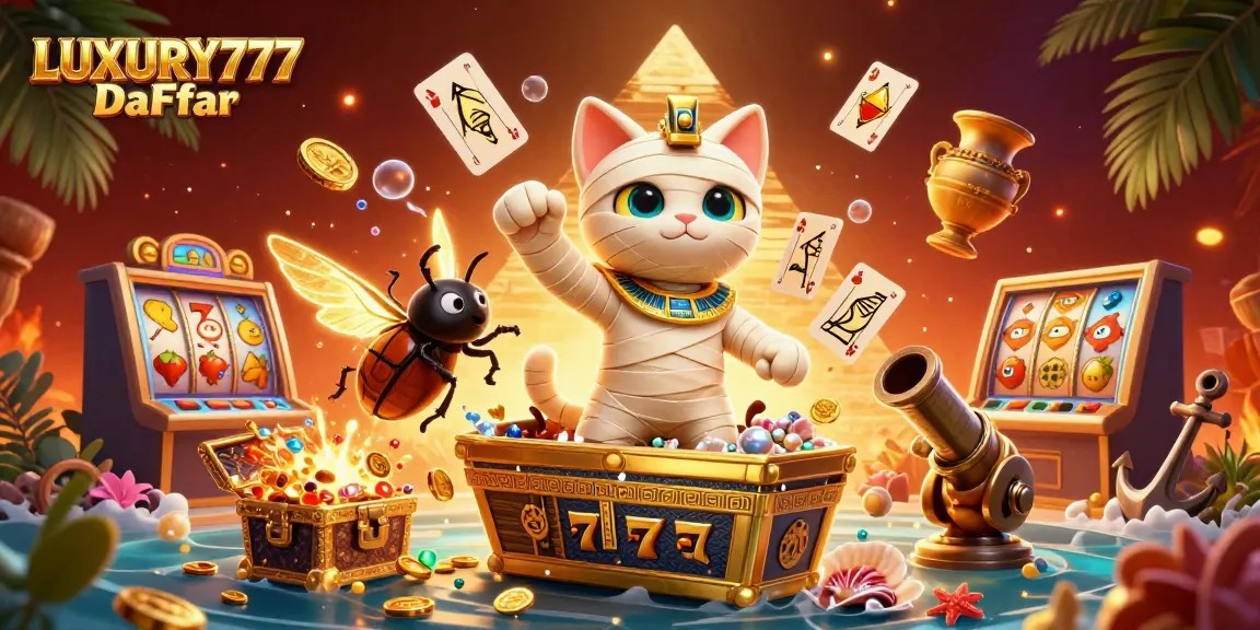Memenangkan permainan di LUXURY777 Daftar dengan simbol slot berkilauan dan kartu bermain mengambang.