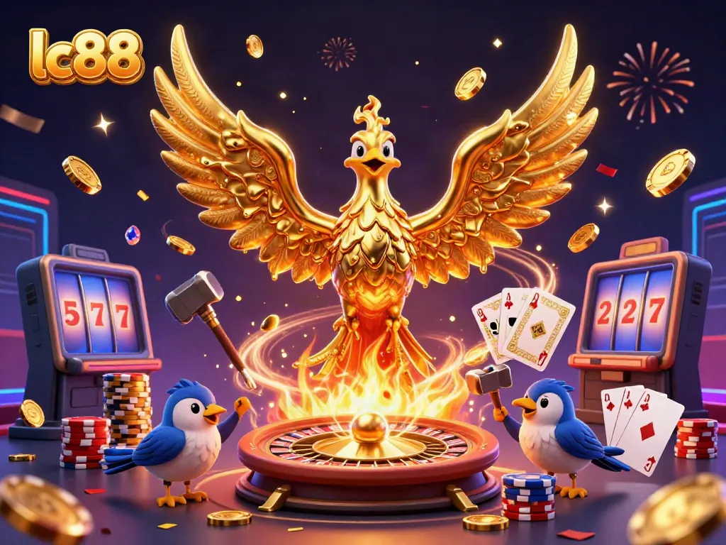 Experience the magic of lc88 with a dynamic 3D phoenix and vibrant casino elements.