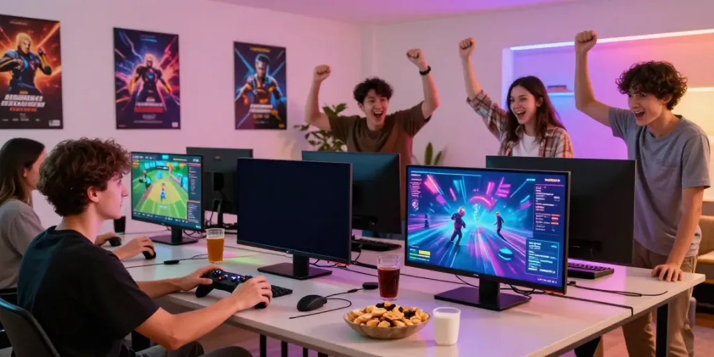 Engaged gamer playing Cikaslot with friends in a lively living room setting