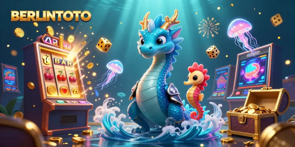 Engage with BERLINTOTO's magical underwater casino world featuring a vibrant dragon and seahorse.