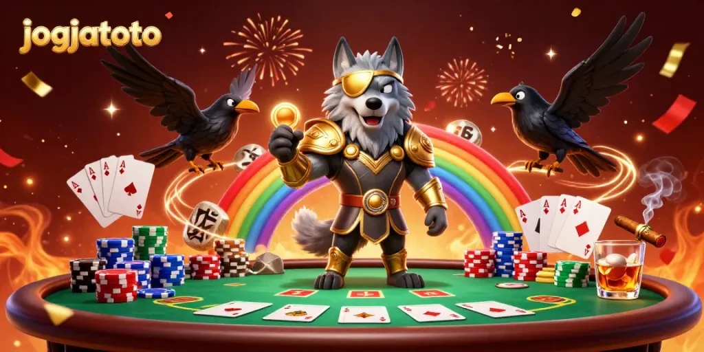 Experience thrilling gambling with jogjatoto's Norse-themed characters in a vibrant casino scene.