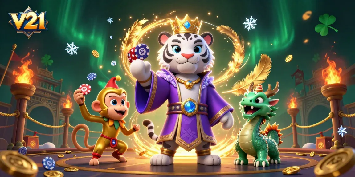Mengakses bonus menarik di v21 dengan pemandangan spektakuler dari harimau dan monyet bermain chip poker.