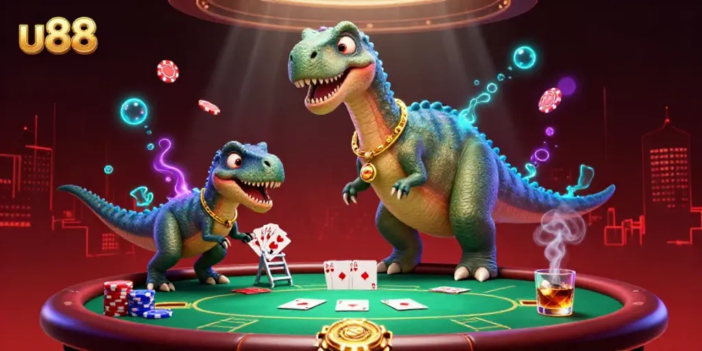 Experience thrilling poker action at u88 with a giant dinosaur dealing cards amidst vibrant casino elements.