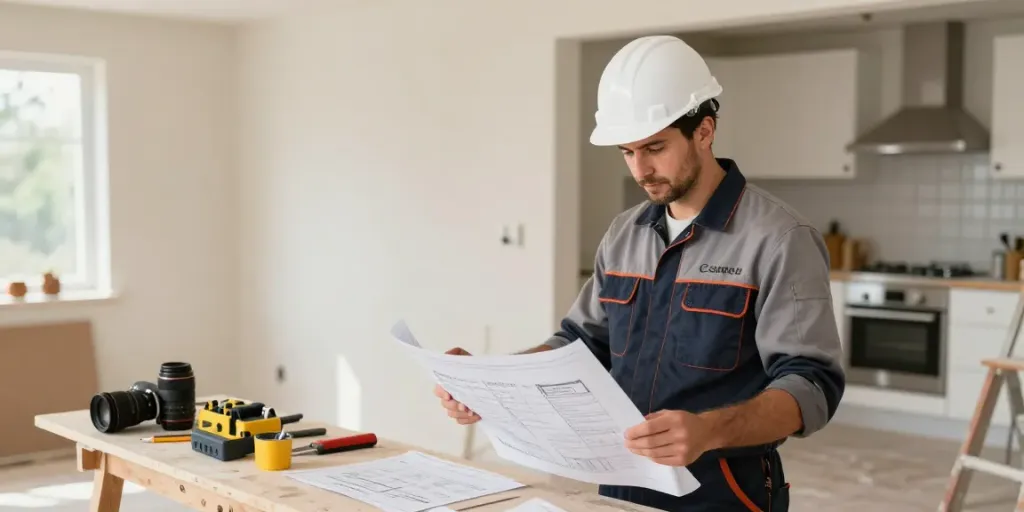 Local contractor reviewing plans for slot toto services at a home site.