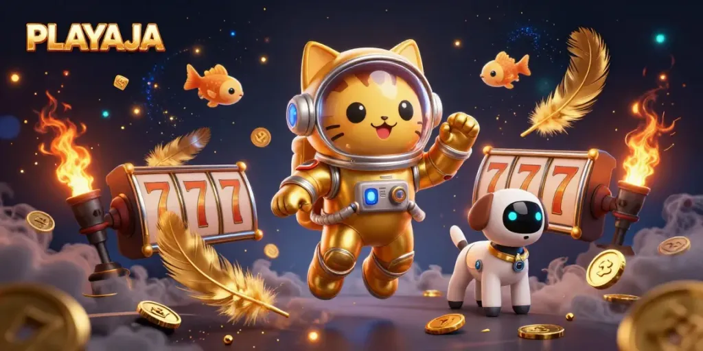 Engage with PLAYAJA's vibrant casino space scene featuring cartoon characters and dynamic game elements.
