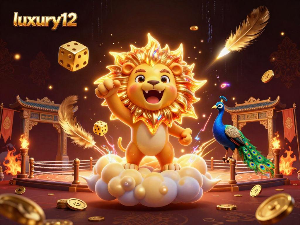 Experience luxury12 gameplay with a roaring sun lion and golden dice in a vibrant casino scene.