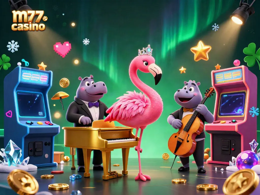 Gali keseruan di m77casino dengan penyanyi flamingo dan pemukul hippo di latar kasino.