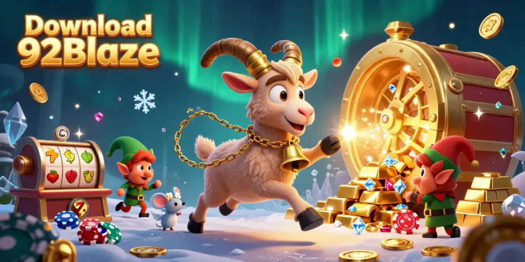 Engage in thrilling gameplay with the Download 92Blaze app featuring a festive casino scene filled with characters and sparkling rewards.