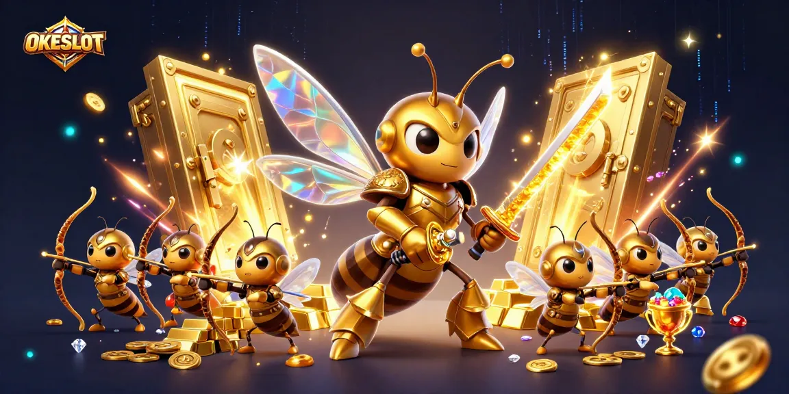 Memenangkan jackpot dengan permainan slot OKESLOT yang penuh dengan harta karun dan efek cahaya menarik.