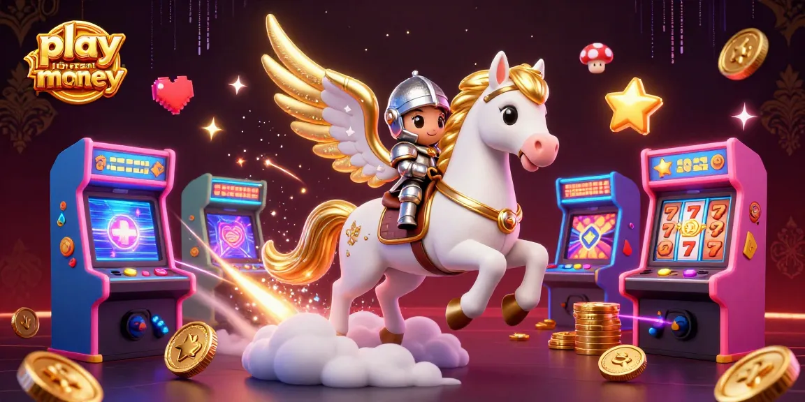 Play for real money at this vibrant casino scene featuring a celestial horse and arcade game machines.